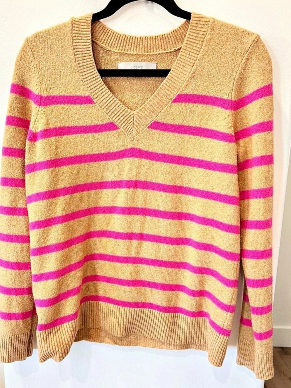 LOFT Striped V-Neck Sweater in Brown & Pink Size XS